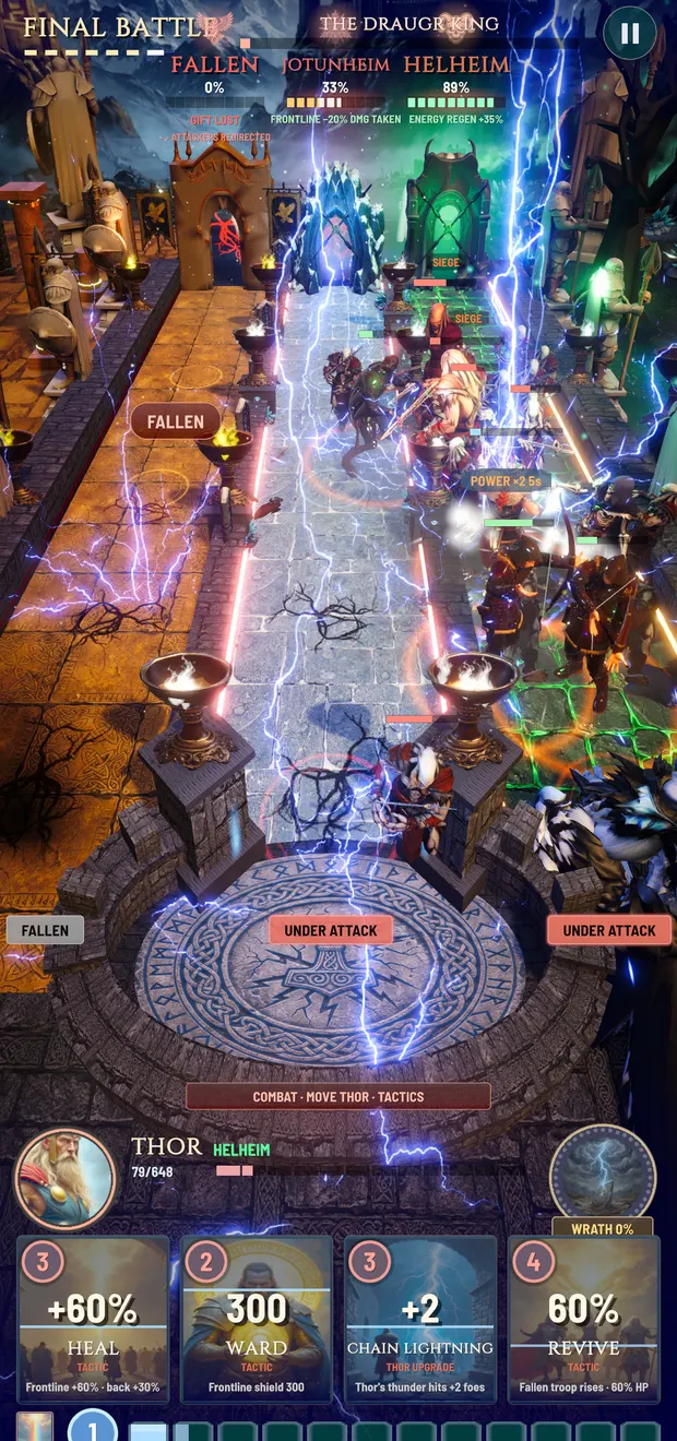 Chain lightning tactic striking a crowd of Draugr while Heal, Ward and Revive tactic cards wait in hand
