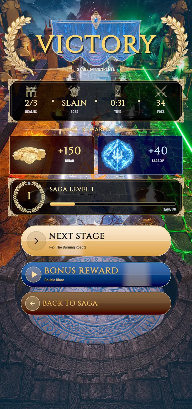 The Saga victory screen — boss slain, two of three Realms held, dinar and Saga XP earned
