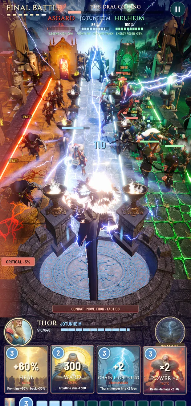 Thor unleashing his Wrath in a burst of lightning in the middle of the battlefield