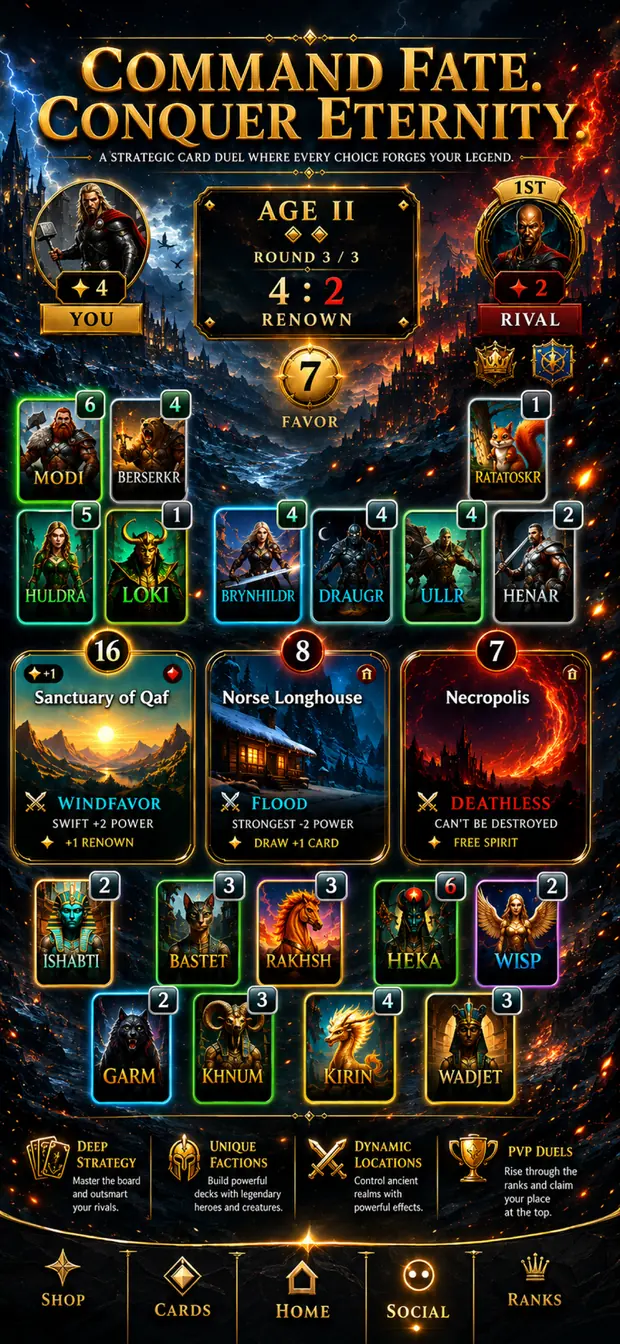 A match in progress — mythological figures deployed across three Realms with Renown and Favor counters