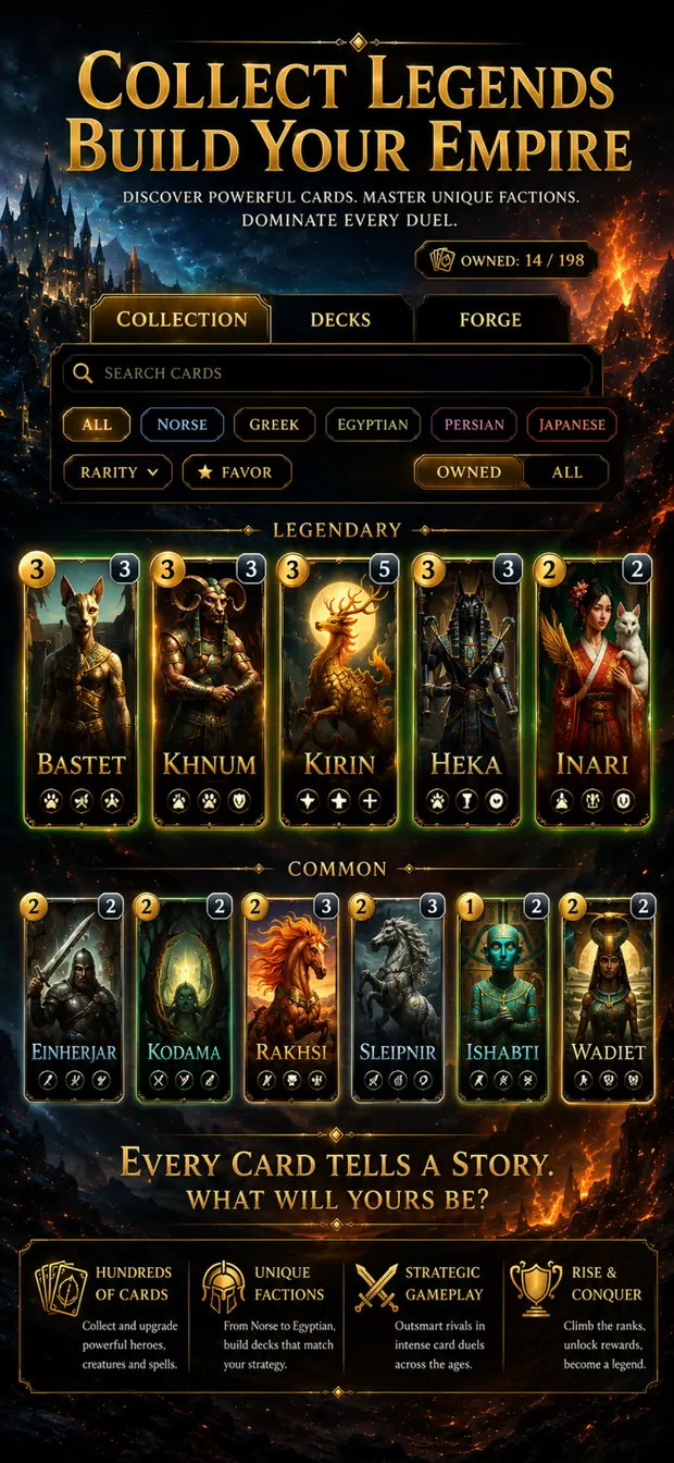 The card collection screen filtered by pantheon, showing legendary figures from Norse, Greek, Egyptian, Persian and Japanese myth