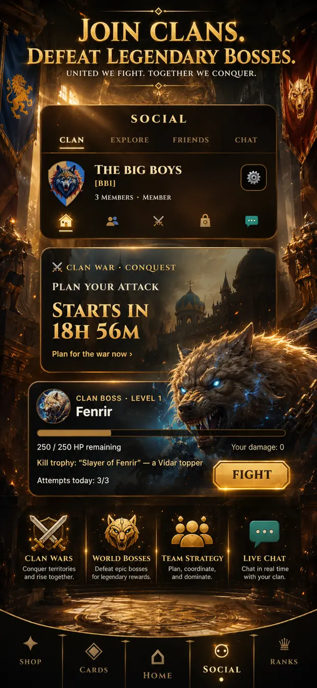 The social hub — clan roster, clan war countdown and a clan boss health bar