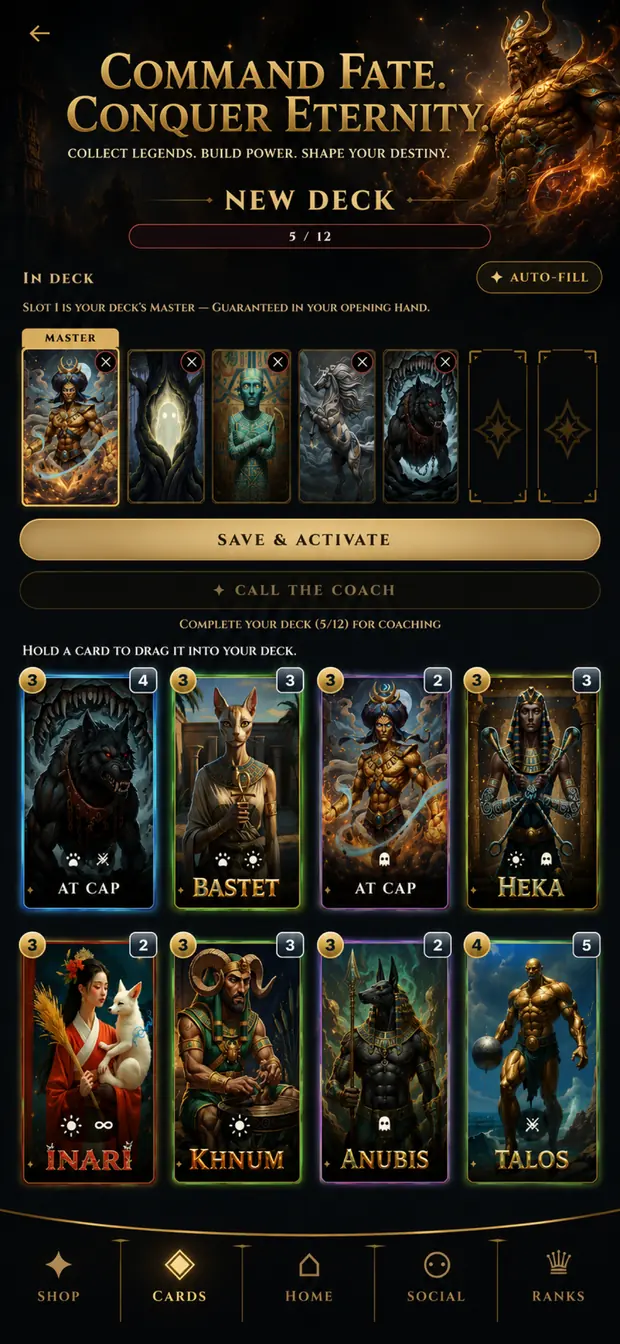 The deck builder — twelve card slots with a chosen master card and the collection below