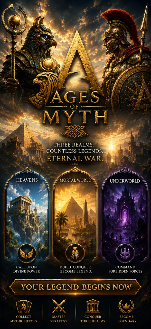Ages of Myth title screen showing the three Realms — the Heavens, the Mortal World and the Underworld