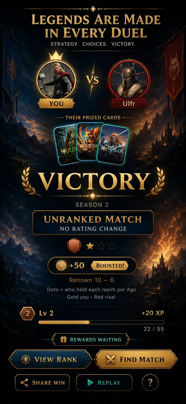 A victory screen showing the winning Renown score, the season, and the rewards earned